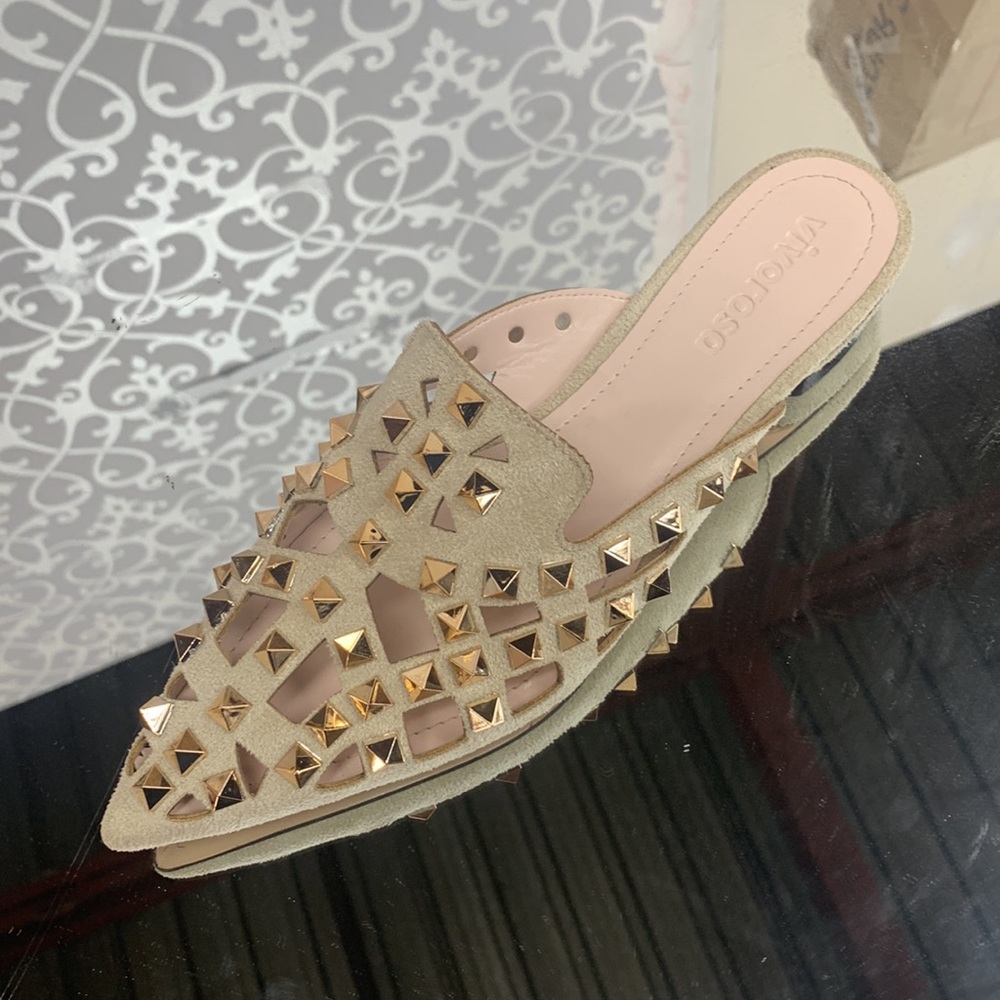 Slip on Flat Gold Studded Pointed Toe Mule In Biege Faux Leather - US 6 / EU 37